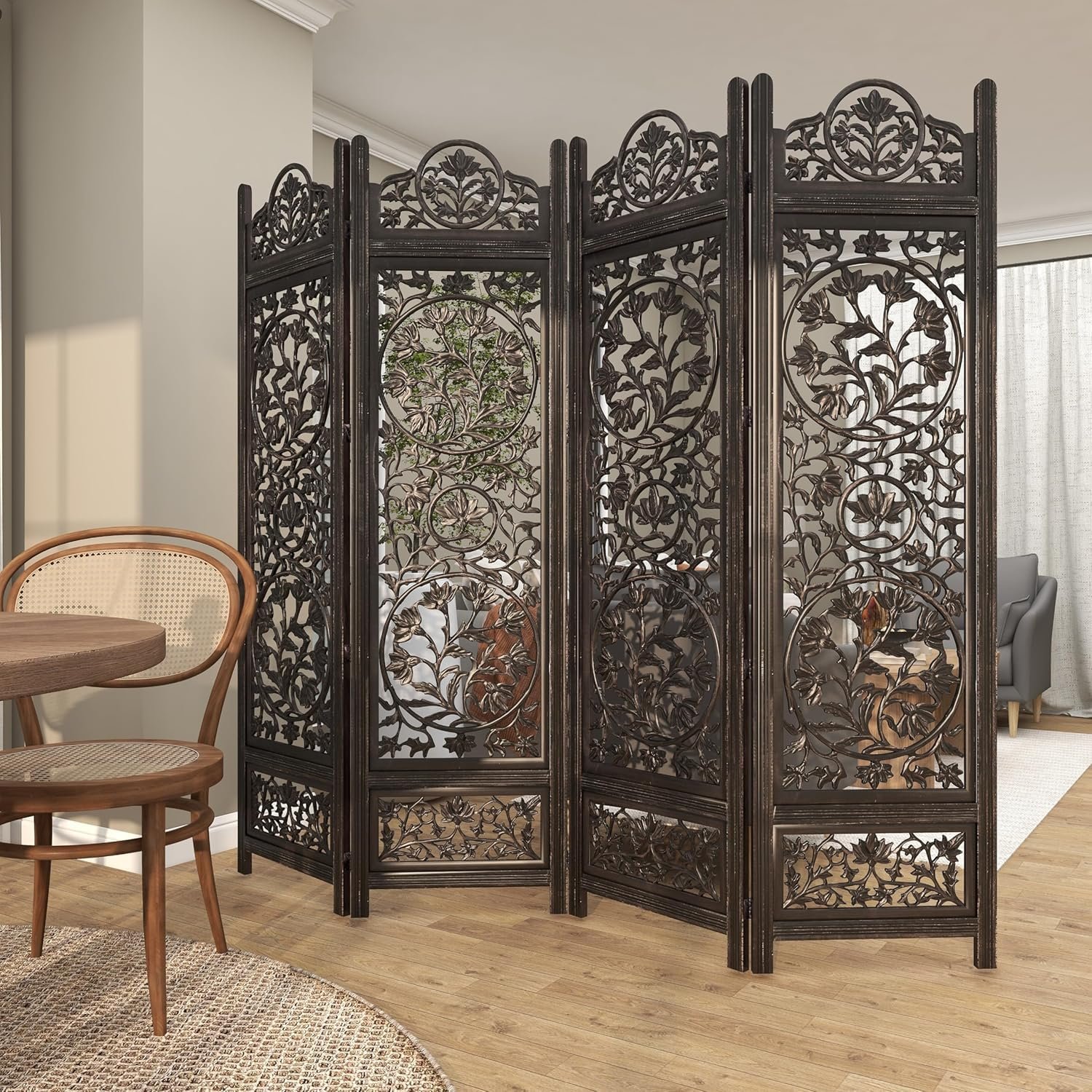 Wooden Room Partition and Folding Privacy Screen for living room, Bedroom ,Hallways and Pooja Room Divider(6 Feet 4 Panel Dark Brown) view 2