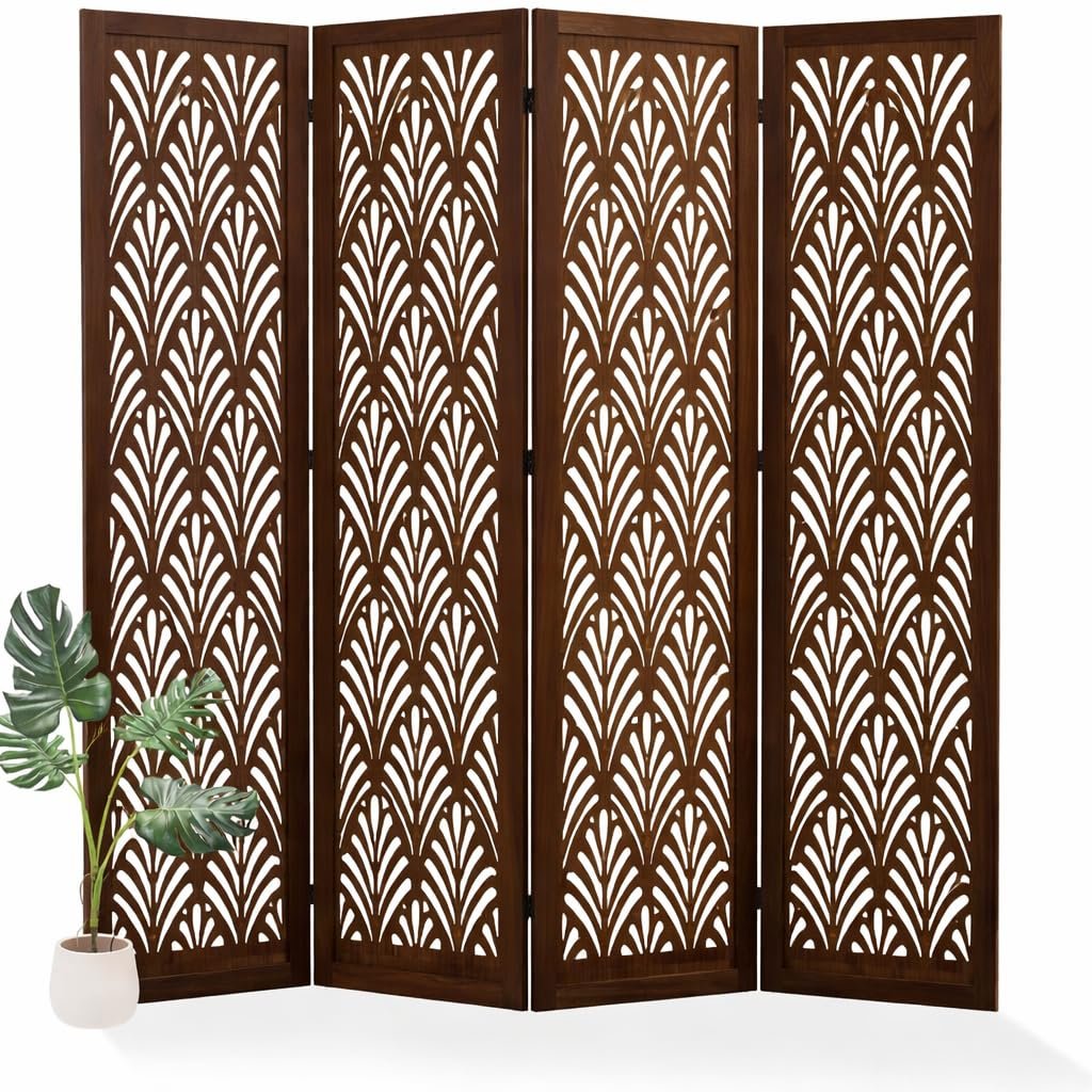 Wooden Living Partition Room Divider 4 Panel | Foldable Privacy Screen with Geometric Cut-Out Design | Pooja Room Partition for Living Room, Bedroom & Office (Brown)