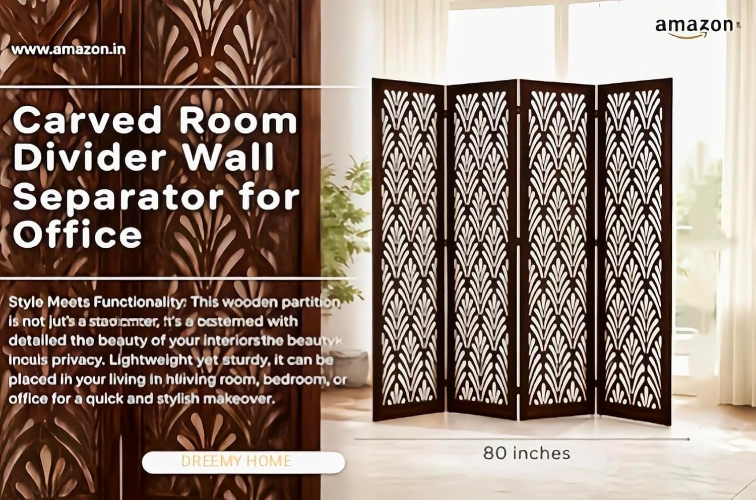 Wooden Living Partition Room Divider 4 Panel | Foldable Privacy Screen with Geometric Cut-Out Design | Pooja Room Partition for Living Room, Bedroom & Office (Brown) view 4