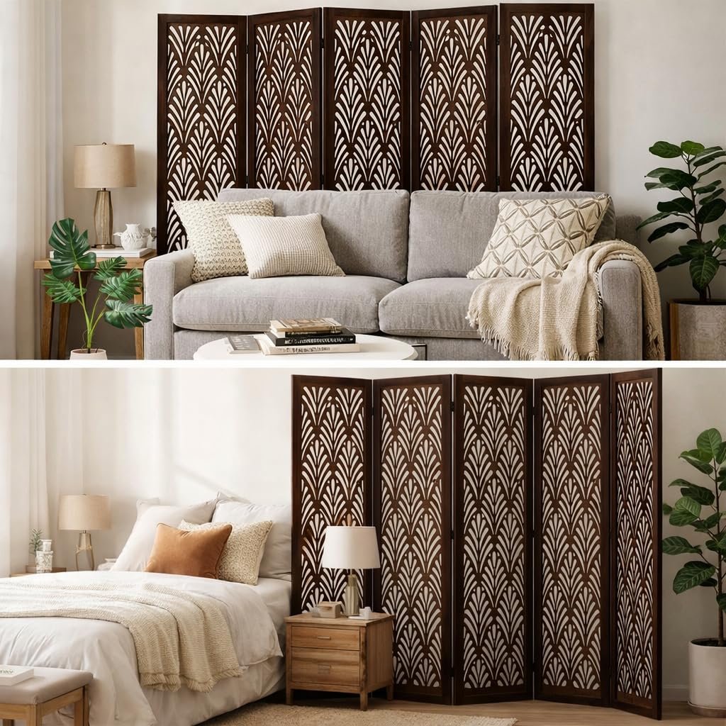 Wooden Living Partition Room Divider 4 Panel | Foldable Privacy Screen with Geometric Cut-Out Design | Pooja Room Partition for Living Room, Bedroom & Office (Brown) view 5