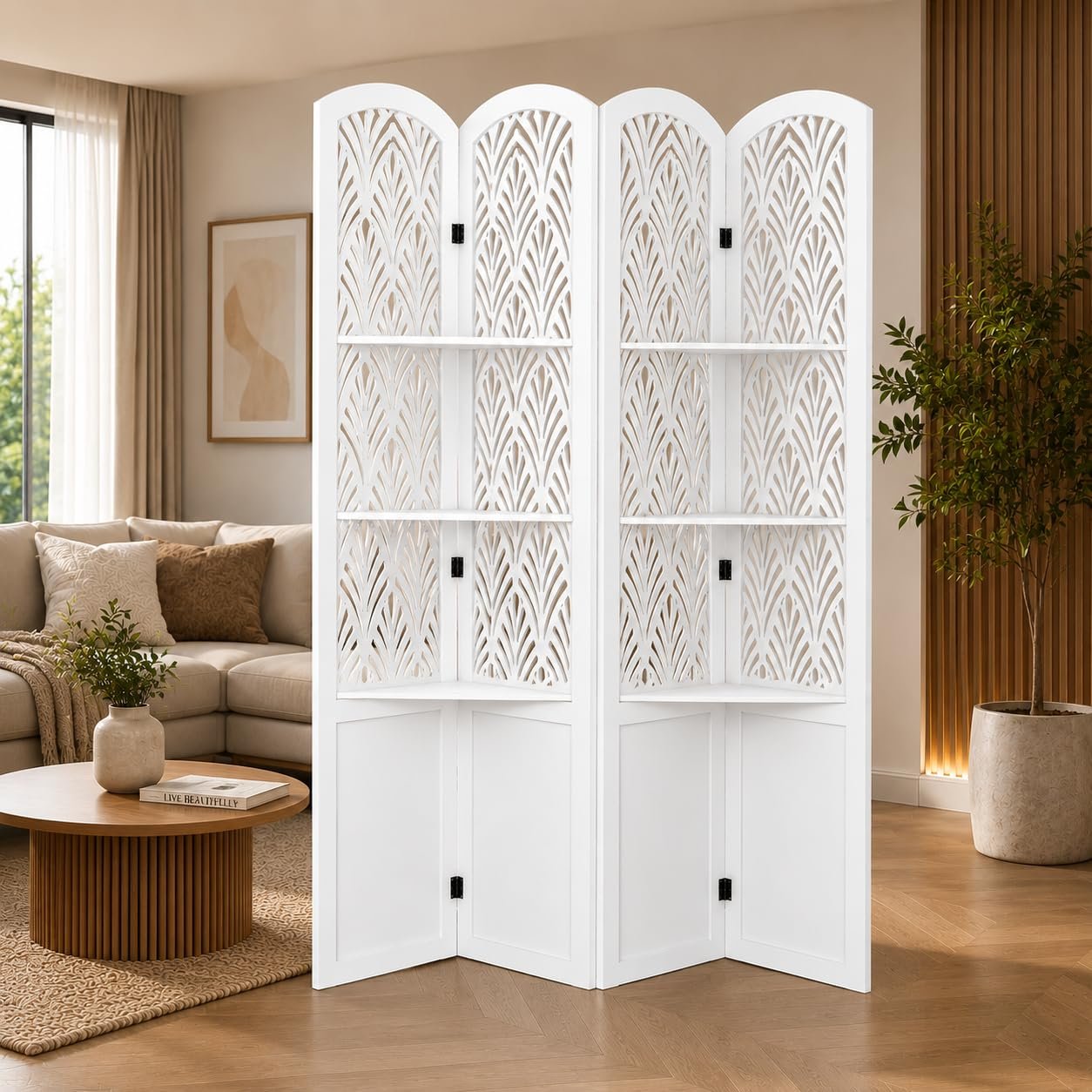Wooden Living Partition Room Divider | Foldable Privacy Screen with Geometric Cut Out Design | Pooja Room Partition for Living Room, Bedroom & Office (6 Feet 4 Brown White Shelves) view 2