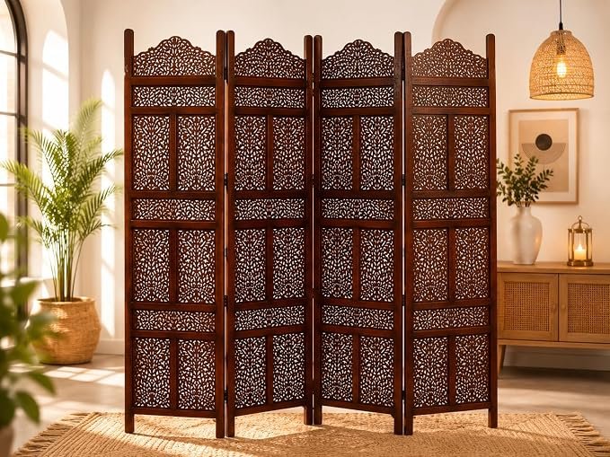 Wooden Room Partition for Living Room | Panel Foldable Room Divider Screen | Wooden Separator for Bedroom Office Kitchen Hall Handcrafted Wood Privacy Screen (6 Feet 4 Panel Brown Kasmiri Design)