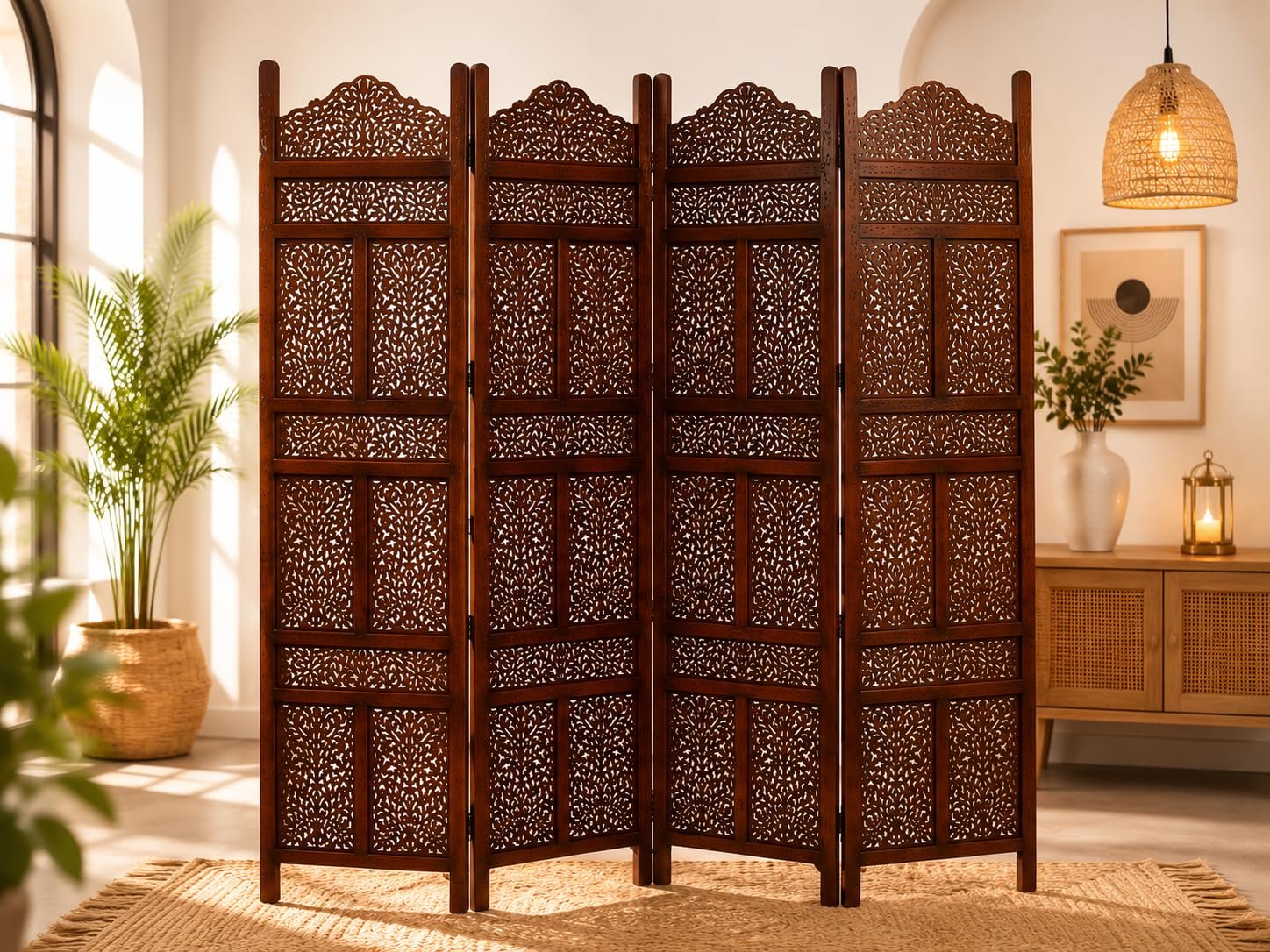 Wooden Room Partition for Living Room | Panel Foldable Room Divider Screen | Wooden Separator for Bedroom Office Kitchen Hall Handcrafted Wood Privacy Screen (6 Feet 4 Panel Brown Kasmiri Design) view 2