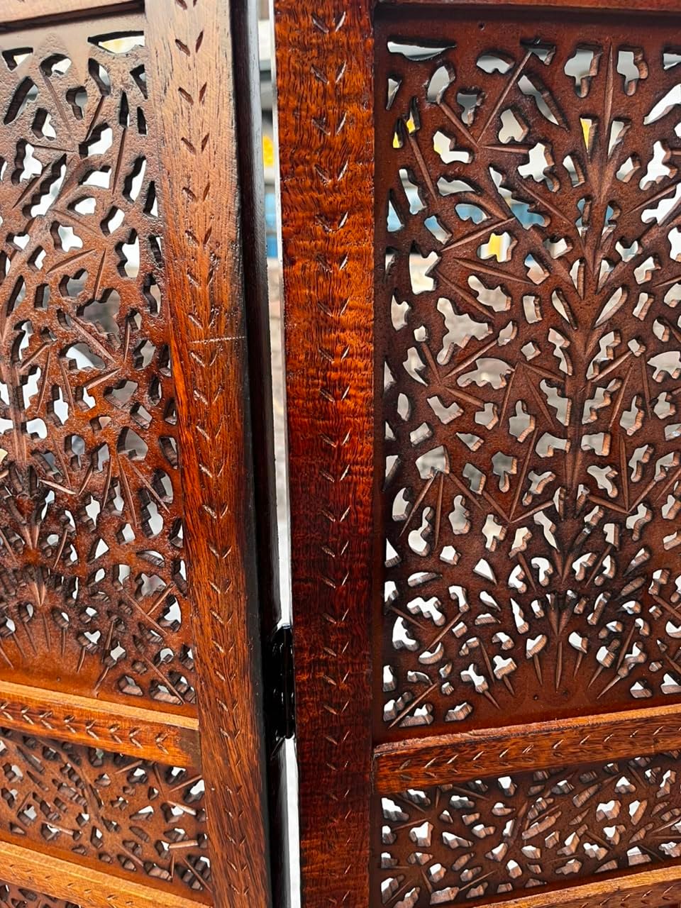 Wooden Room Partition for Living Room | Panel Foldable Room Divider Screen | Wooden Separator for Bedroom Office Kitchen Hall Handcrafted Wood Privacy Screen (6 Feet 4 Panel Brown Kasmiri Design) view 3