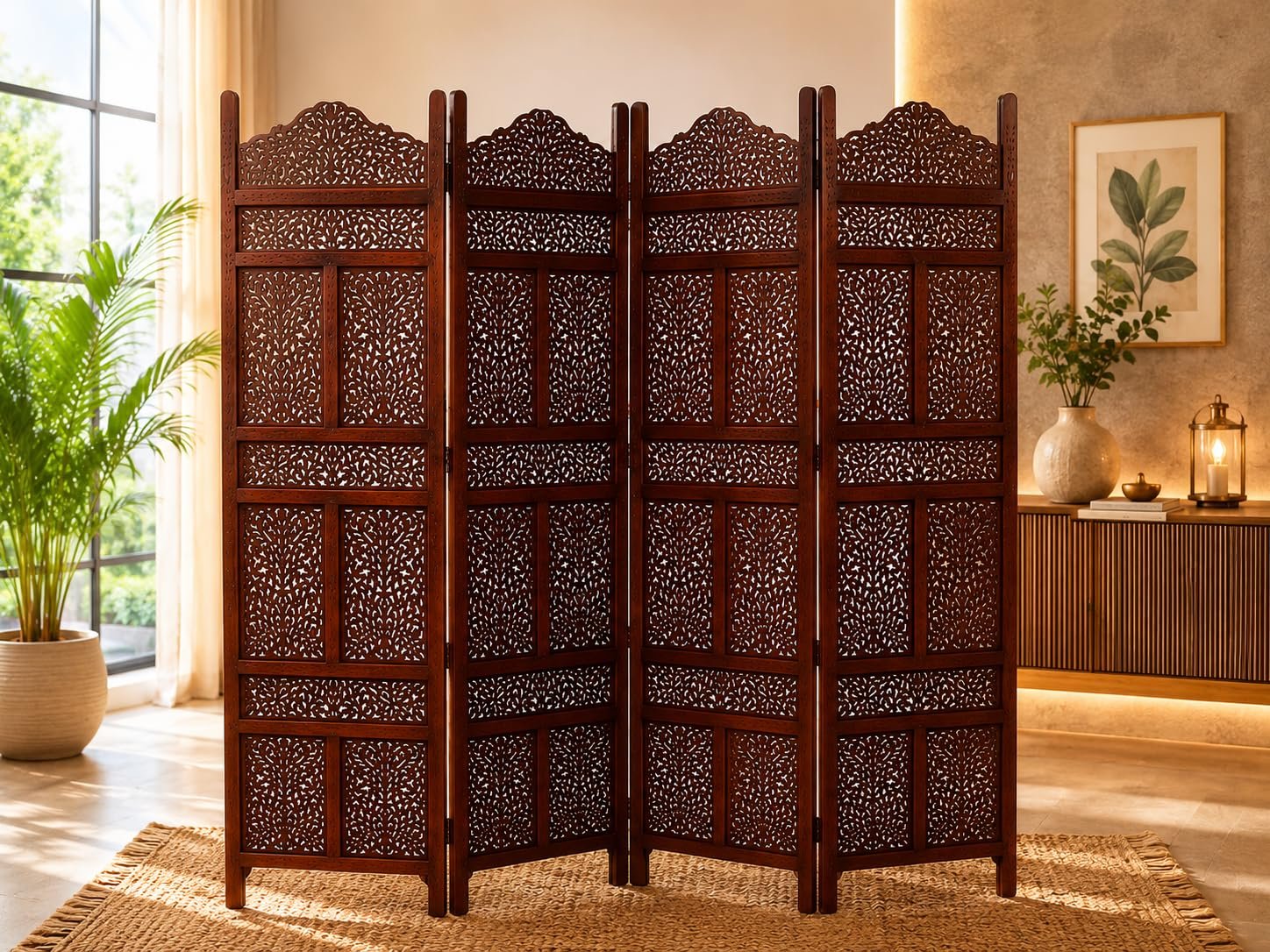 Wooden Room Partition for Living Room | Panel Foldable Room Divider Screen | Wooden Separator for Bedroom Office Kitchen Hall Handcrafted Wood Privacy Screen (6 Feet 4 Panel Brown Kasmiri Design) view 4