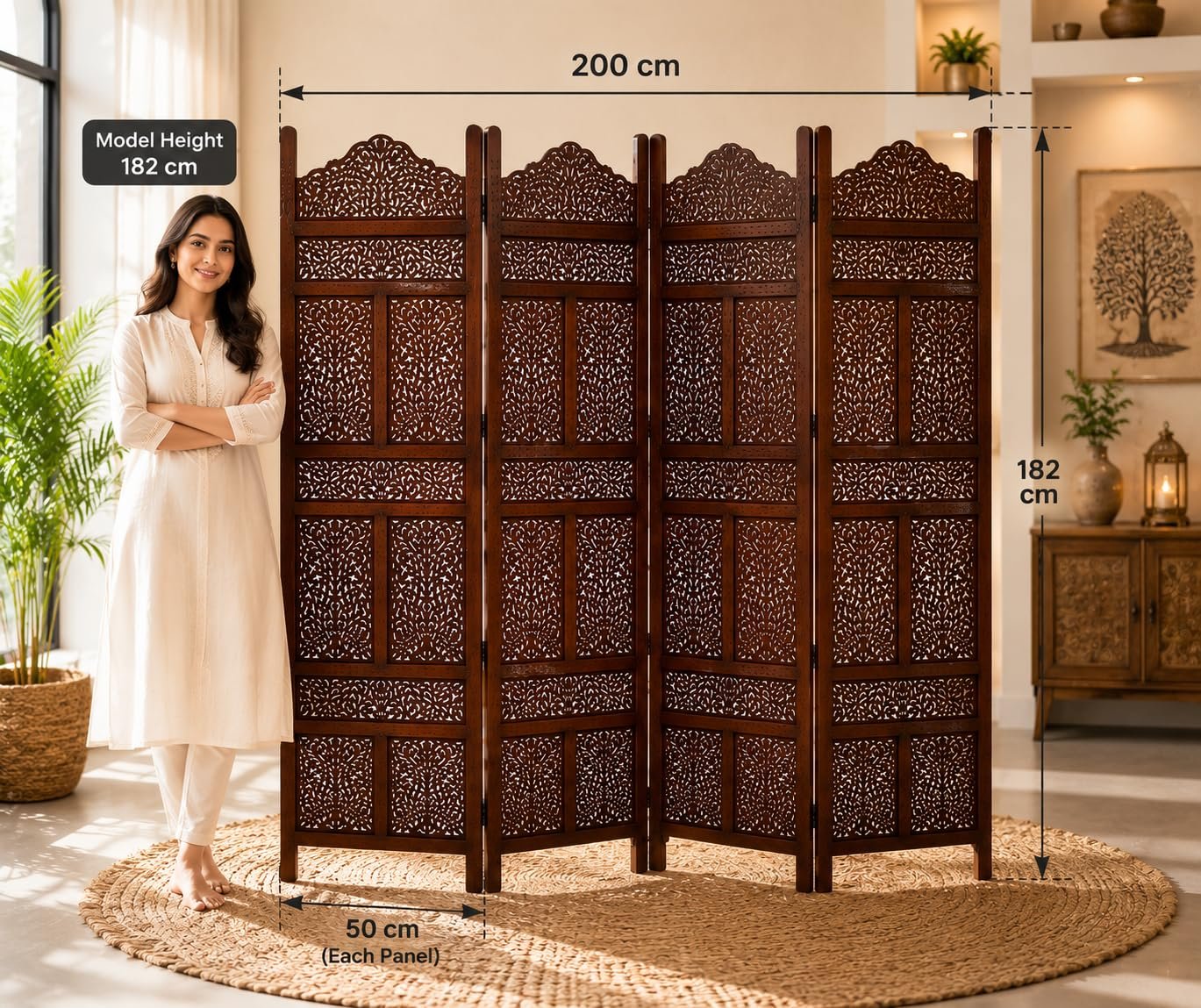 Wooden Room Partition for Living Room | Panel Foldable Room Divider Screen | Wooden Separator for Bedroom Office Kitchen Hall Handcrafted Wood Privacy Screen (6 Feet 4 Panel Brown Kasmiri Design) view 5
