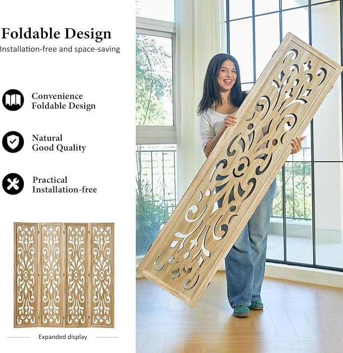 Wooden Room Partition Screen for Living Room, Bedroom, Hall Ways, Pooja Ghar & Farmhouse | 6 Feet 4-Panel Folding Privacy Divider Each Panel Size 72 x 20 inch (Teek Brown) view 3
