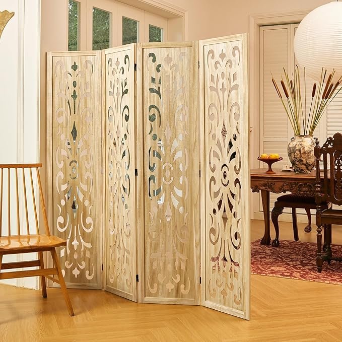 Wooden Room Partition Screen for Living Room, Bedroom, Hall Ways, Pooja Ghar & Farmhouse | 6 Feet 4-Panel Folding Privacy Divider Each Panel Size 72 x 20 inch (Teek Brown) view 4