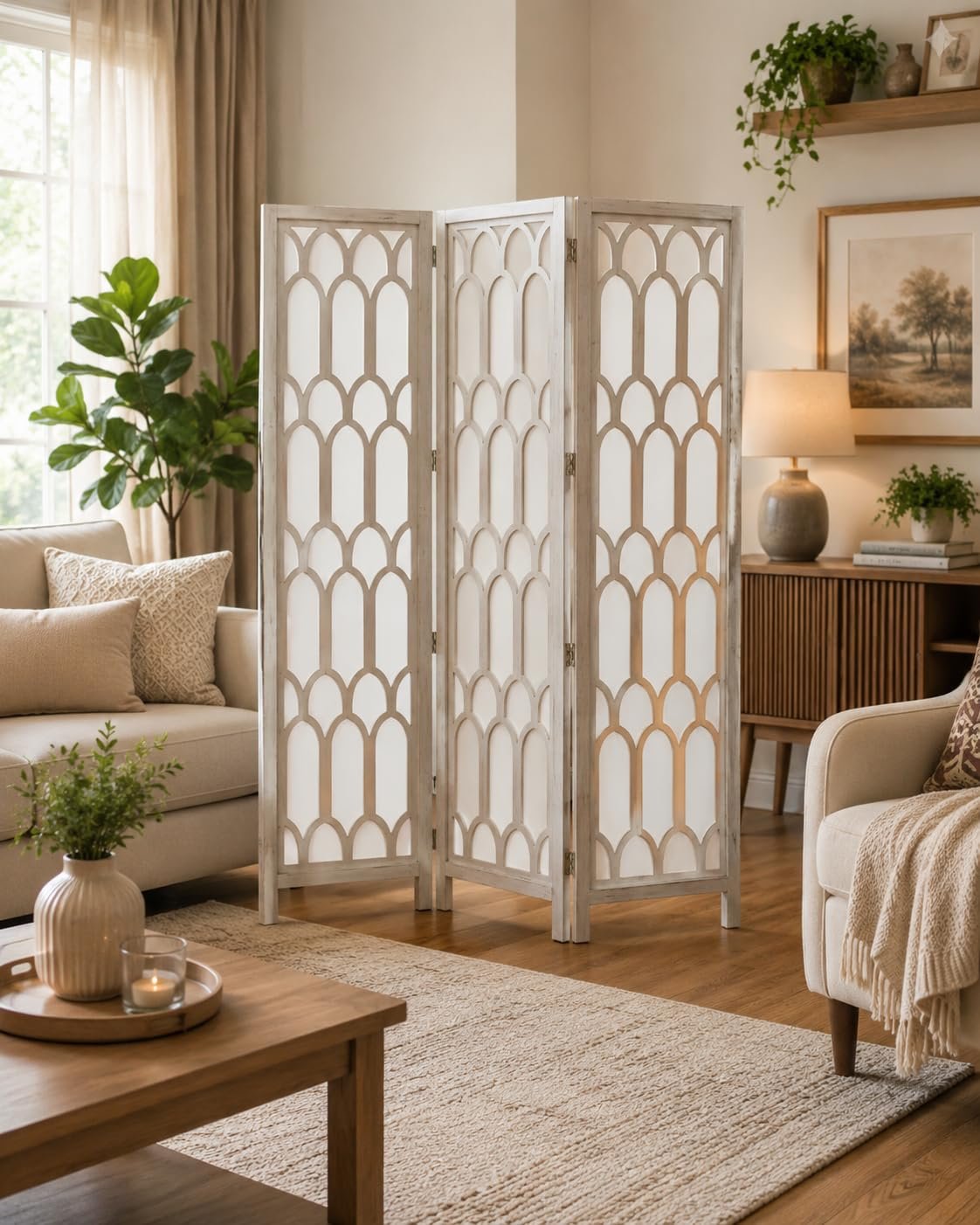 Wooden Room Divider Partition Versatile Natural Elegance: The Wooden Room Divide Privacy Screen Room Privacy Room Divider (6 Feet 3 Panel White Wash)
