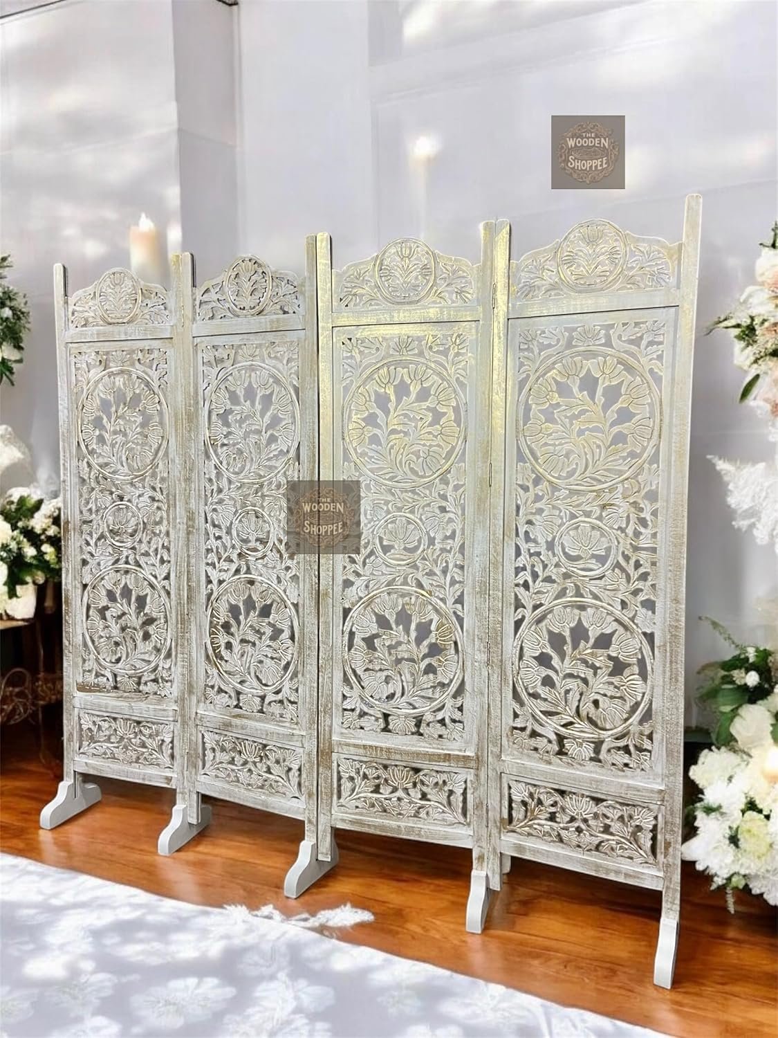 Wooden Room Partition and Folding Privacy Screens for Bedroom Home Office Room Divider Room Partition (6 Feet 4 Panel Each Panel Size 72X20 Inch Golden Shading with Stand