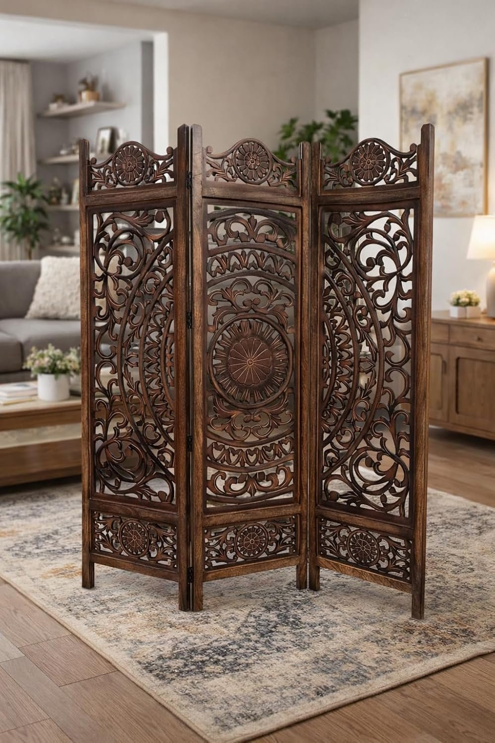 Wooden Room Divider Partition for Living Room Bedroom & Office Foldable Modern Decorative Partition for Home, Pooja Room & Studio – Space Saving Freestanding (6 Feet 3 Panel Colour Brown view 3