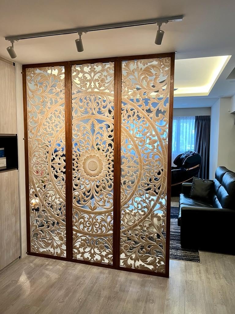 Luxury Engineered Wood Room Divider –Decorative Partition with Floral Carvings, Perfect for Home, Office, Hotel Interior (Set of 3) 8x6 feet Each Size 96 x 24 in (White Antique)