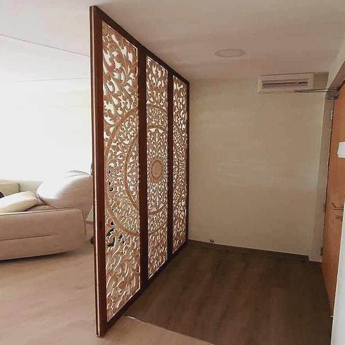 Luxury Engineered Wood Room Divider –Decorative Partition with Floral Carvings, Perfect for Home, Office, Hotel Interior (Set of 3) 8x6 feet Each Size 96 x 24 in (White Antique) view 2