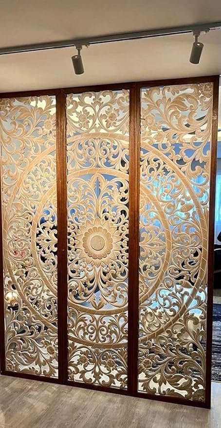 Luxury Engineered Wood Room Divider –Decorative Partition with Floral Carvings, Perfect for Home, Office, Hotel Interior (Set of 3) 8x6 feet Each Size 96 x 24 in (White Antique) view 3