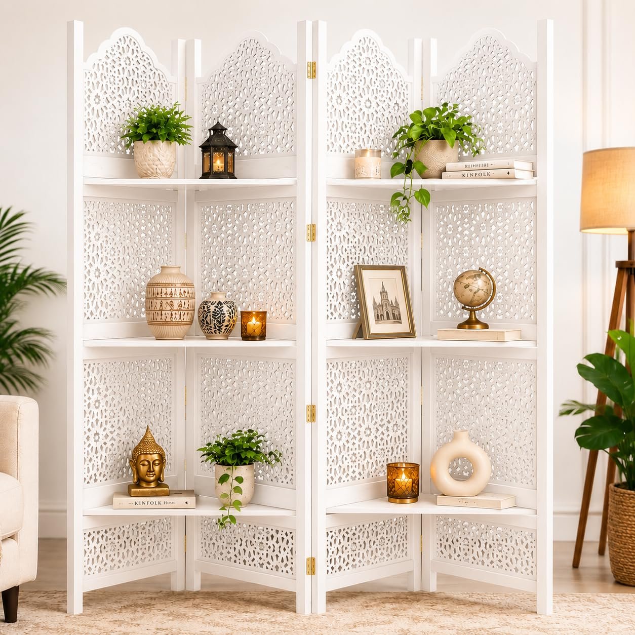Wooden Room Partition Screens for Bedroom Living Room Privacy Divider Freestanding Folding Panels (6 Feet 4 Panel with 3 shelve Now Big Jali Design Each Panel Size 72X20 Inch White view 2