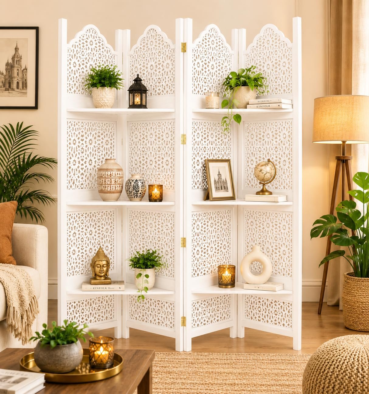 Wooden Room Partition Screens for Bedroom Living Room Privacy Divider Freestanding Folding Panels (6 Feet 4 Panel with 3 shelve Now Big Jali Design Each Panel Size 72X20 Inch White view 3