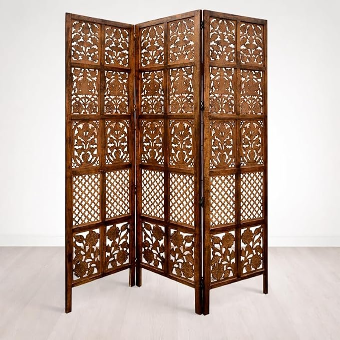 Handcarved Room Divider/Partition for Living Room, Bed Room, Pooja Room & Home Decor (6 Feet 3 Panel Partition Antique Brown) (Mix Design) view 2