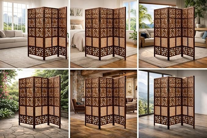 Handcarved Room Divider/Partition for Living Room, Bed Room, Pooja Room & Home Decor (6 Feet 3 Panel Partition Antique Brown) (Mix Design) view 3