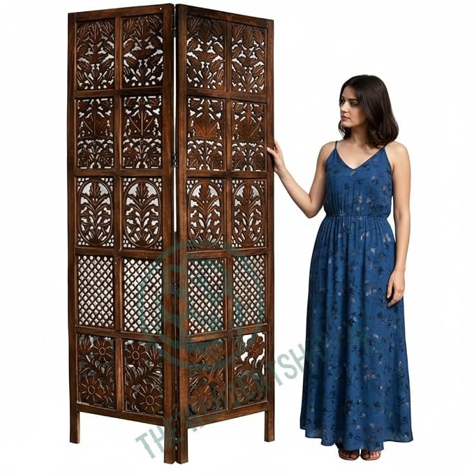 Handcarved Room Divider/Partition for Living Room, Bed Room, Pooja Room & Home Decor (6 Feet 3 Panel Partition Antique Brown) (Mix Design) view 4