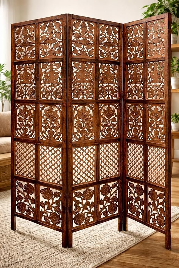 Handcarved Room Divider/Partition for Living Room, Bed Room, Pooja Room & Home Decor (6 Feet 3 Panel Partition Antique Brown) (Mix Design) view 5
