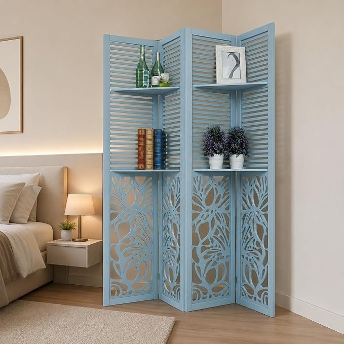 Wooden Room Partition Natural Wood Room Divider with Shelves – 4 Panel Folding Privacy Screen for Home, Office & Studio (6 Feet 4 Panel with Shelf Light Blue)