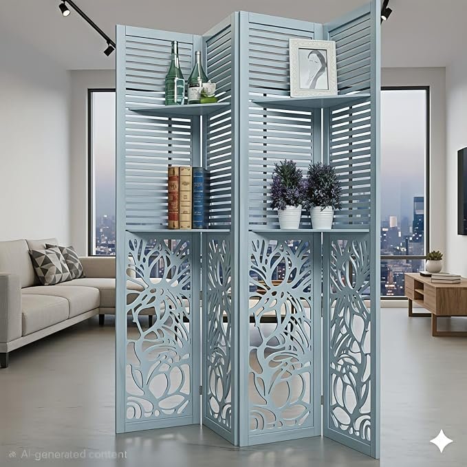Wooden Room Partition Natural Wood Room Divider with Shelves – 4 Panel Folding Privacy Screen for Home, Office & Studio (6 Feet 4 Panel with Shelf Light Blue) view 2