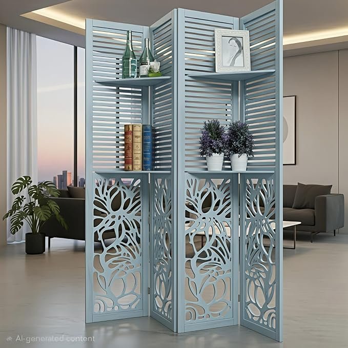 Wooden Room Partition Natural Wood Room Divider with Shelves – 4 Panel Folding Privacy Screen for Home, Office & Studio (6 Feet 4 Panel with Shelf Light Blue) view 3