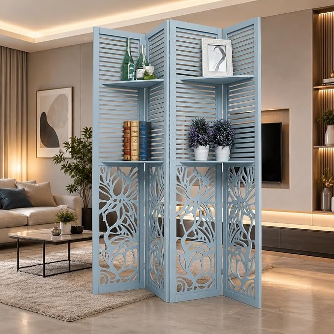 Wooden Room Partition Natural Wood Room Divider with Shelves – 4 Panel Folding Privacy Screen for Home, Office & Studio (6 Feet 4 Panel with Shelf Light Blue) view 4