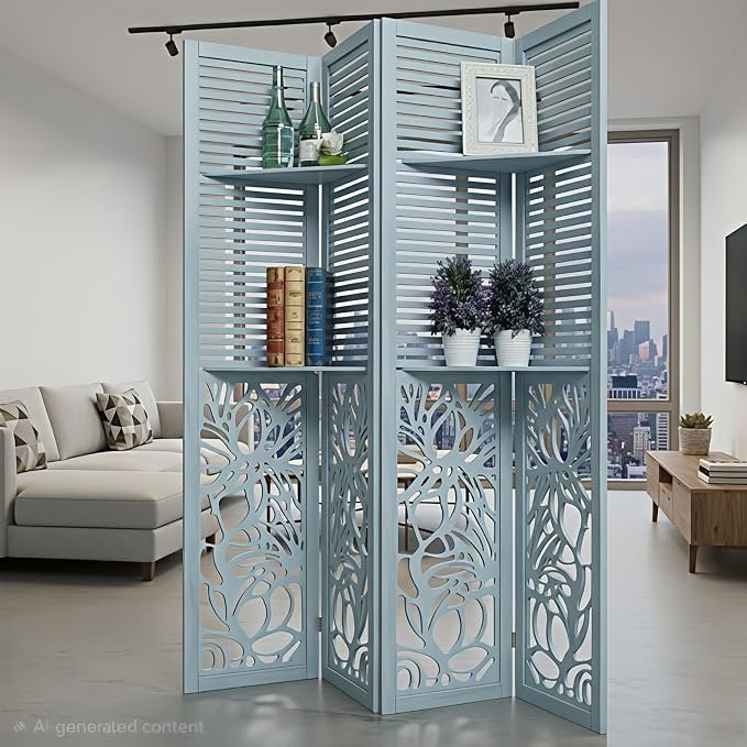 Wooden Room Partition Natural Wood Room Divider with Shelves – 4 Panel Folding Privacy Screen for Home, Office & Studio (6 Feet 4 Panel with Shelf Light Blue) view 5