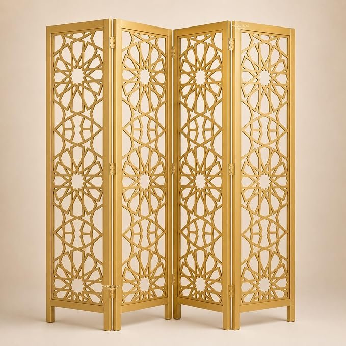 Wooden Room Divider | Arabesque Star Laser Cut Partition Screen | Moroccan Jali Design | Solid Wood Frame & MDF | 71 Inch Tall | 2 3 4 Panel, Golden, 4 Panel