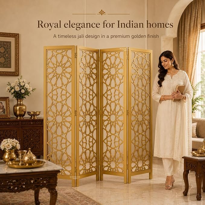 Wooden Room Divider | Arabesque Star Laser Cut Partition Screen | Moroccan Jali Design | Solid Wood Frame & MDF | 71 Inch Tall | 2 3 4 Panel, Golden, 4 Panel view 2