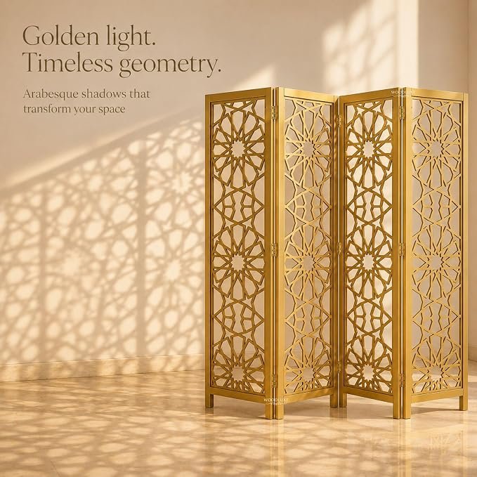 Wooden Room Divider | Arabesque Star Laser Cut Partition Screen | Moroccan Jali Design | Solid Wood Frame & MDF | 71 Inch Tall | 2 3 4 Panel, Golden, 4 Panel view 3