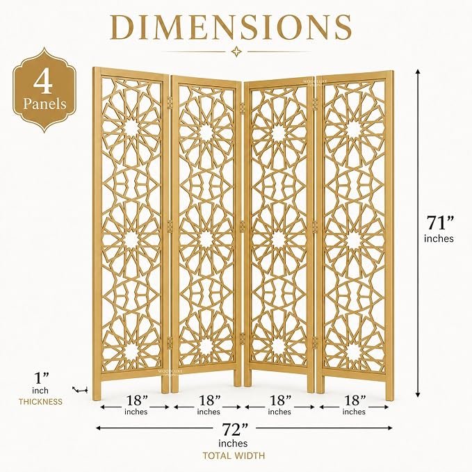 Wooden Room Divider | Arabesque Star Laser Cut Partition Screen | Moroccan Jali Design | Solid Wood Frame & MDF | 71 Inch Tall | 2 3 4 Panel, Golden, 4 Panel view 4