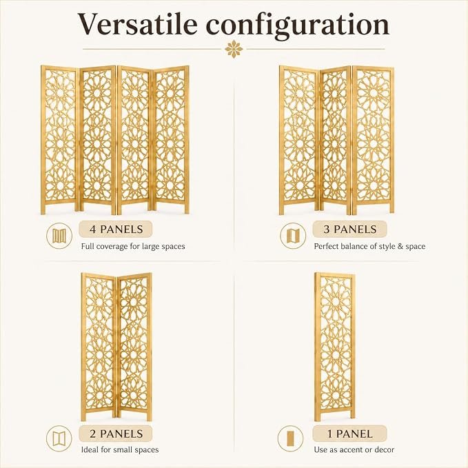 Wooden Room Divider | Arabesque Star Laser Cut Partition Screen | Moroccan Jali Design | Solid Wood Frame & MDF | 71 Inch Tall | 2 3 4 Panel, Golden, 4 Panel view 6