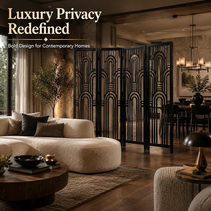 Wooden Room Divider | Folding Partition Screen for Living Room Bedroom Office | Laser Cut Design | Solid Wood Frame & MDF Z black panel; view 3