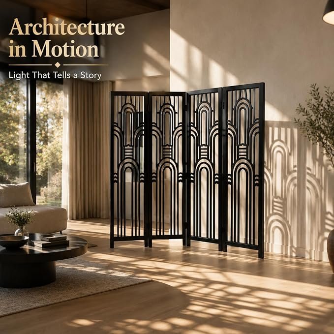 Wooden Room Divider | Folding Partition Screen for Living Room Bedroom Office | Laser Cut Design | Solid Wood Frame & MDF Z black panel; view 5