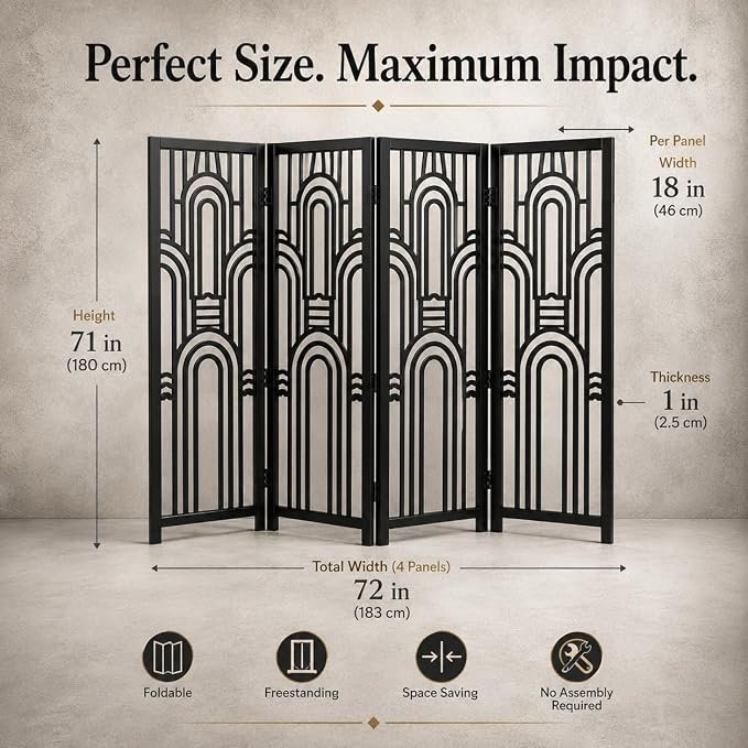 Wooden Room Divider | Folding Partition Screen for Living Room Bedroom Office | Laser Cut Design | Solid Wood Frame & MDF Z black panel; view 6