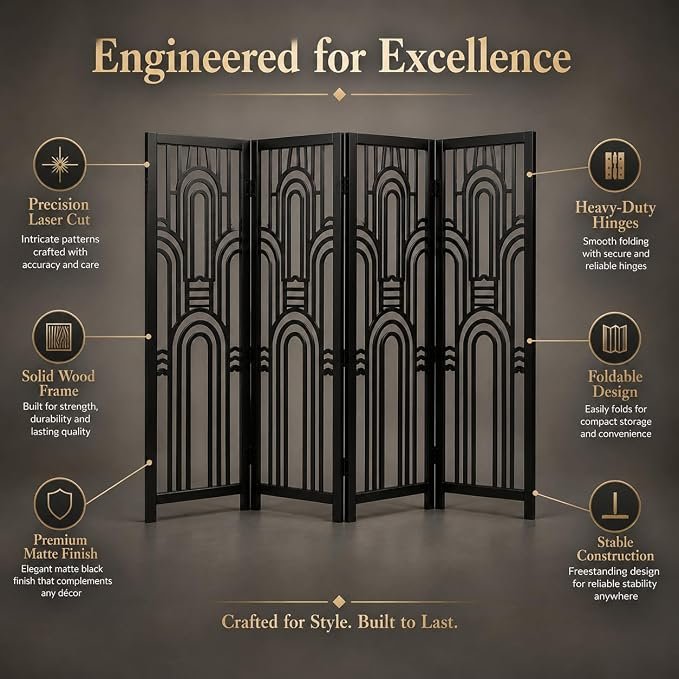 Wooden Room Divider | Folding Partition Screen for Living Room Bedroom Office | Laser Cut Design | Solid Wood Frame & MDF Z black panel; view 7