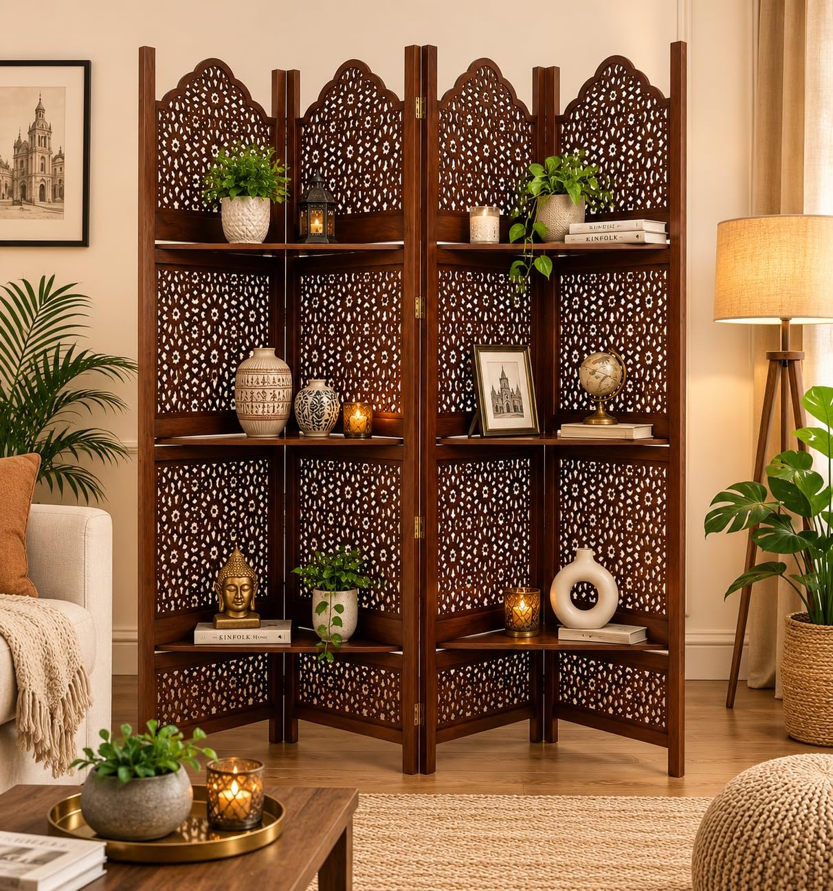 Wooden Room Partition Screens for Bedroom Living Room Privacy Divider Freestanding Folding Panels (6 Feet 4 Panel with 3 shelve Now Big Jali Design Each Panel Size 72X20 Inch Brown