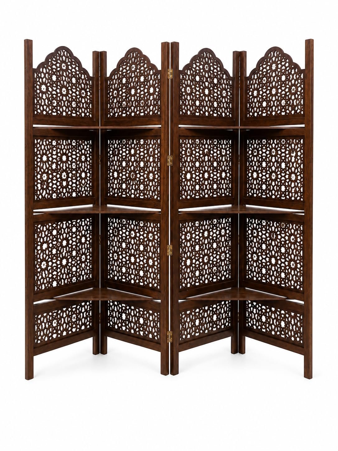 Wooden Room Partition Screens for Bedroom Living Room Privacy Divider Freestanding Folding Panels (6 Feet 4 Panel with 3 shelve Now Big Jali Design Each Panel Size 72X20 Inch Brown view 4