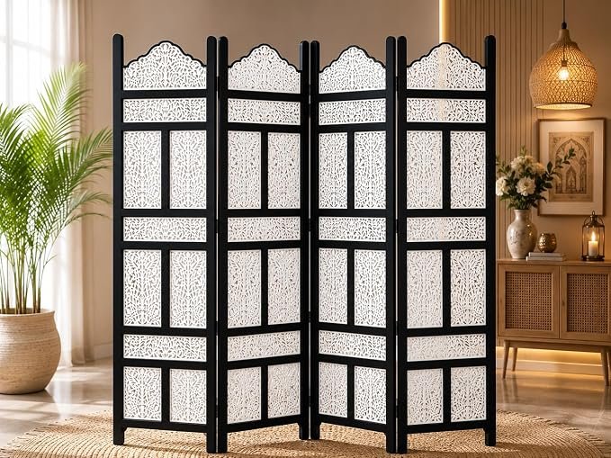 Wooden Room Partition for Living Room | Panel Foldable Room Divider Screen | Wooden Separator for Bedroom Office Kitchen Hall Wood Privacy Screen (6 Feet 4 Panel Black&White Kasmiri view 2