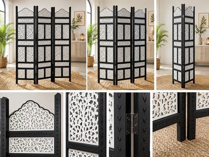 Wooden Room Partition for Living Room | Panel Foldable Room Divider Screen | Wooden Separator for Bedroom Office Kitchen Hall Wood Privacy Screen (6 Feet 4 Panel Black&White Kasmiri view 3
