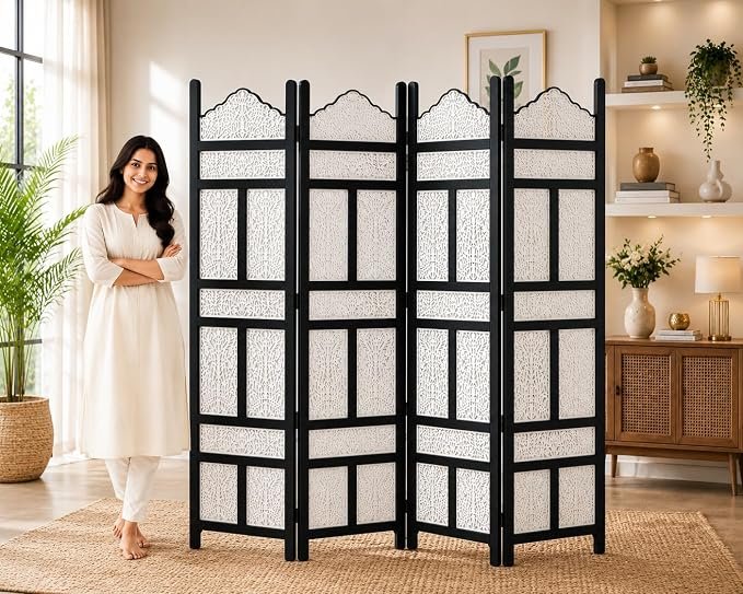 Wooden Room Partition for Living Room | Panel Foldable Room Divider Screen | Wooden Separator for Bedroom Office Kitchen Hall Wood Privacy Screen (6 Feet 4 Panel Black&White Kasmiri view 5