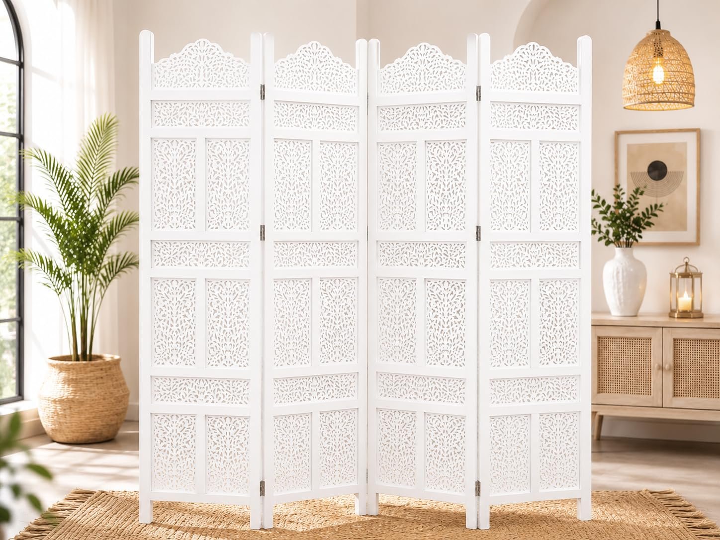 Wooden Room Partition for Living Room | Panel Foldable Room Divider Screen | Wooden Separator for Bedroom Office Kitchen Hall Handcrafted Wood Privacy Screen (6 Feet 4 Panel White Kasmiri Design)