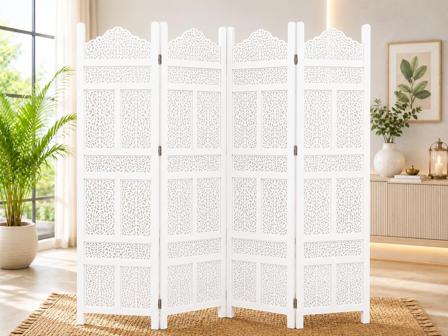 Wooden Room Partition for Living Room | Panel Foldable Room Divider Screen | Wooden Separator for Bedroom Office Kitchen Hall Handcrafted Wood Privacy Screen (6 Feet 4 Panel White Kasmiri Design) view 3