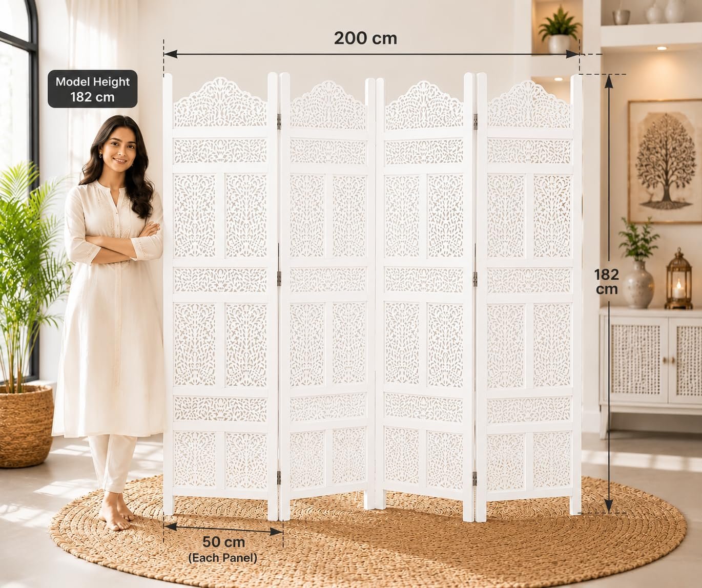 Wooden Room Partition for Living Room | Panel Foldable Room Divider Screen | Wooden Separator for Bedroom Office Kitchen Hall Handcrafted Wood Privacy Screen (6 Feet 4 Panel White Kasmiri Design) view 4