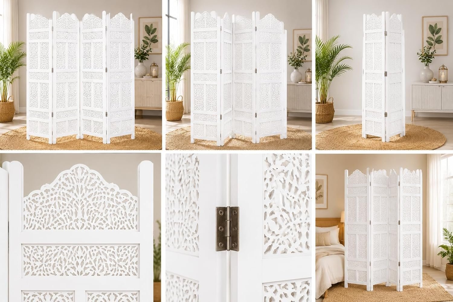 Wooden Room Partition for Living Room | Panel Foldable Room Divider Screen | Wooden Separator for Bedroom Office Kitchen Hall Handcrafted Wood Privacy Screen (6 Feet 4 Panel White Kasmiri Design) view 5