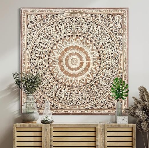 Aafiyat Unique Hand Carved Wooden Wall Panels with Hanging Floral Decorations - Rustic Farmhouse Living Room and Bedroom Wall Decoration Living & Bed Rooms