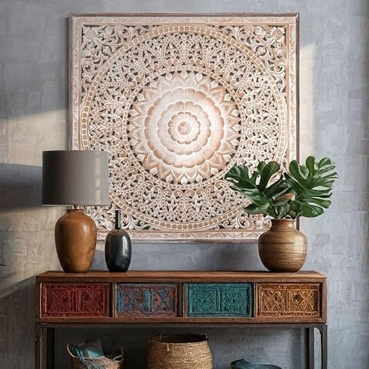 Aafiyat Unique Hand Carved Wooden Wall Panels with Hanging Floral Decorations - Rustic Farmhouse Living Room and Bedroom Wall Decoration Living & Bed Rooms view 2