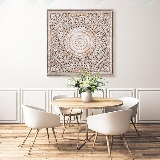Aafiyat Unique Hand Carved Wooden Wall Panels with Hanging Floral Decorations - Rustic Farmhouse Living Room and Bedroom Wall Decoration Living & Bed Rooms view 3